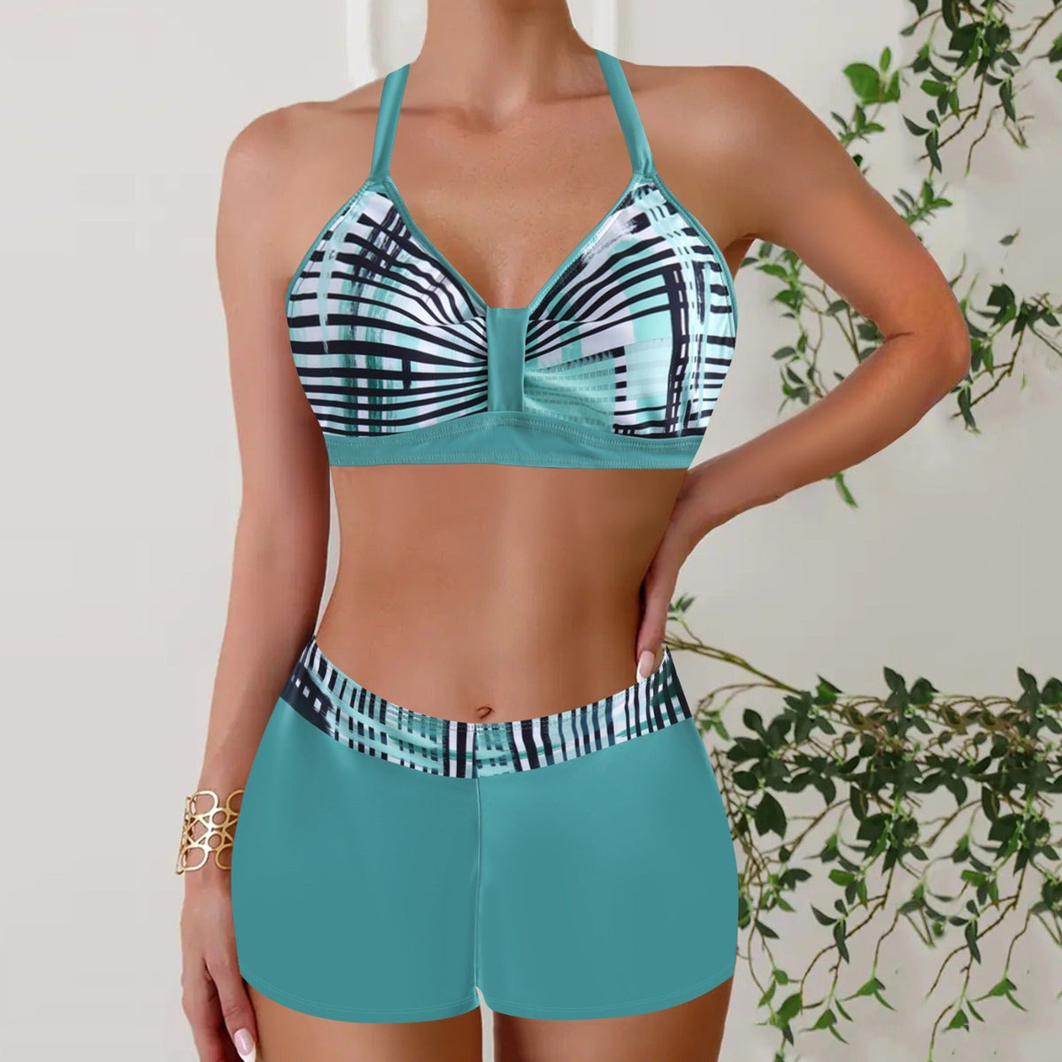 Dwuczęściowe damskie bikini w prążki z wysokim stanem - Zielony
