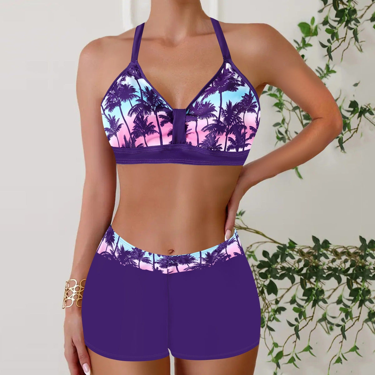 Dwuczęściowe damskie bikini w prążki z wysokim stanem - Fioletowy