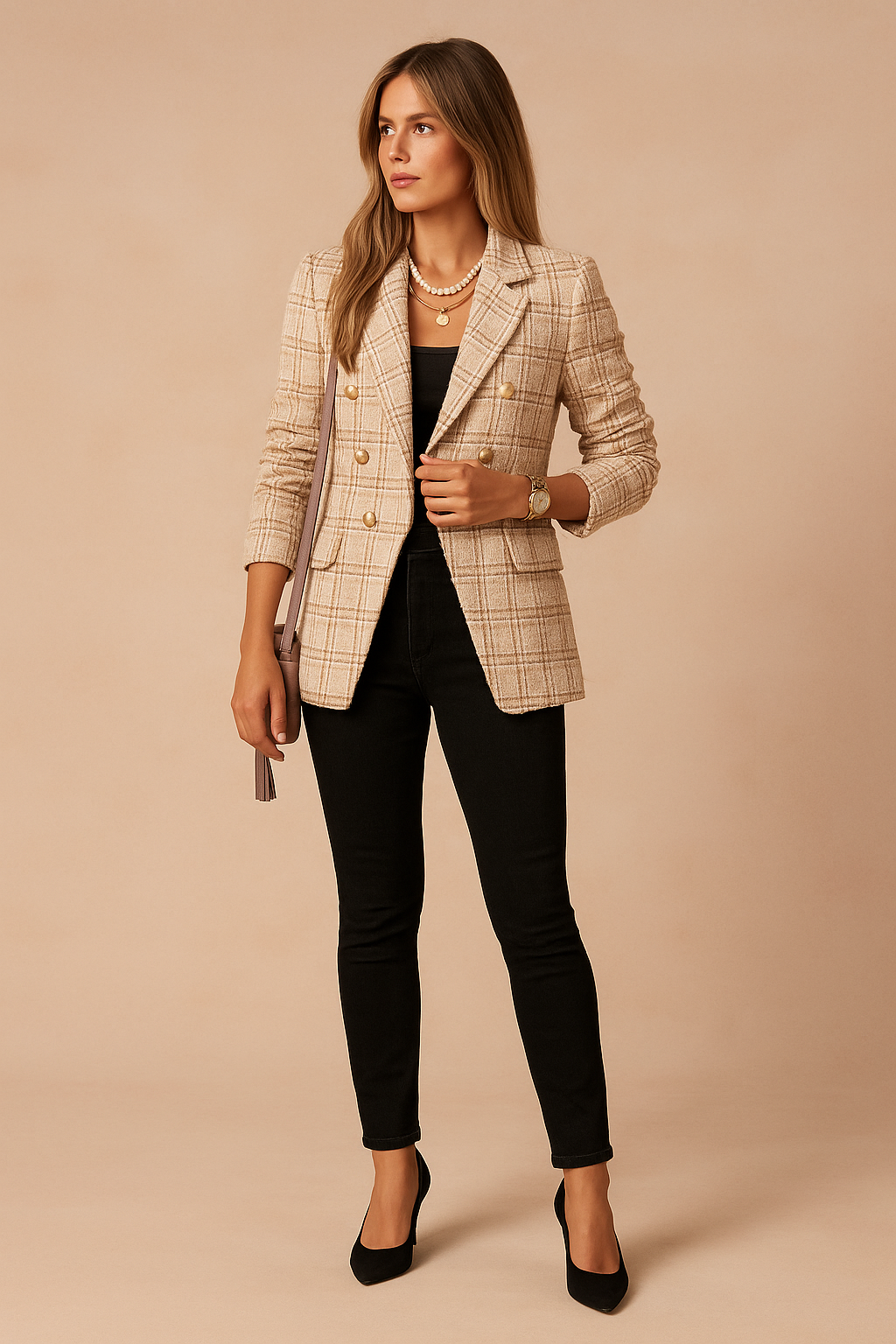 Elegancka marynarka damska w kratkę - Khaki