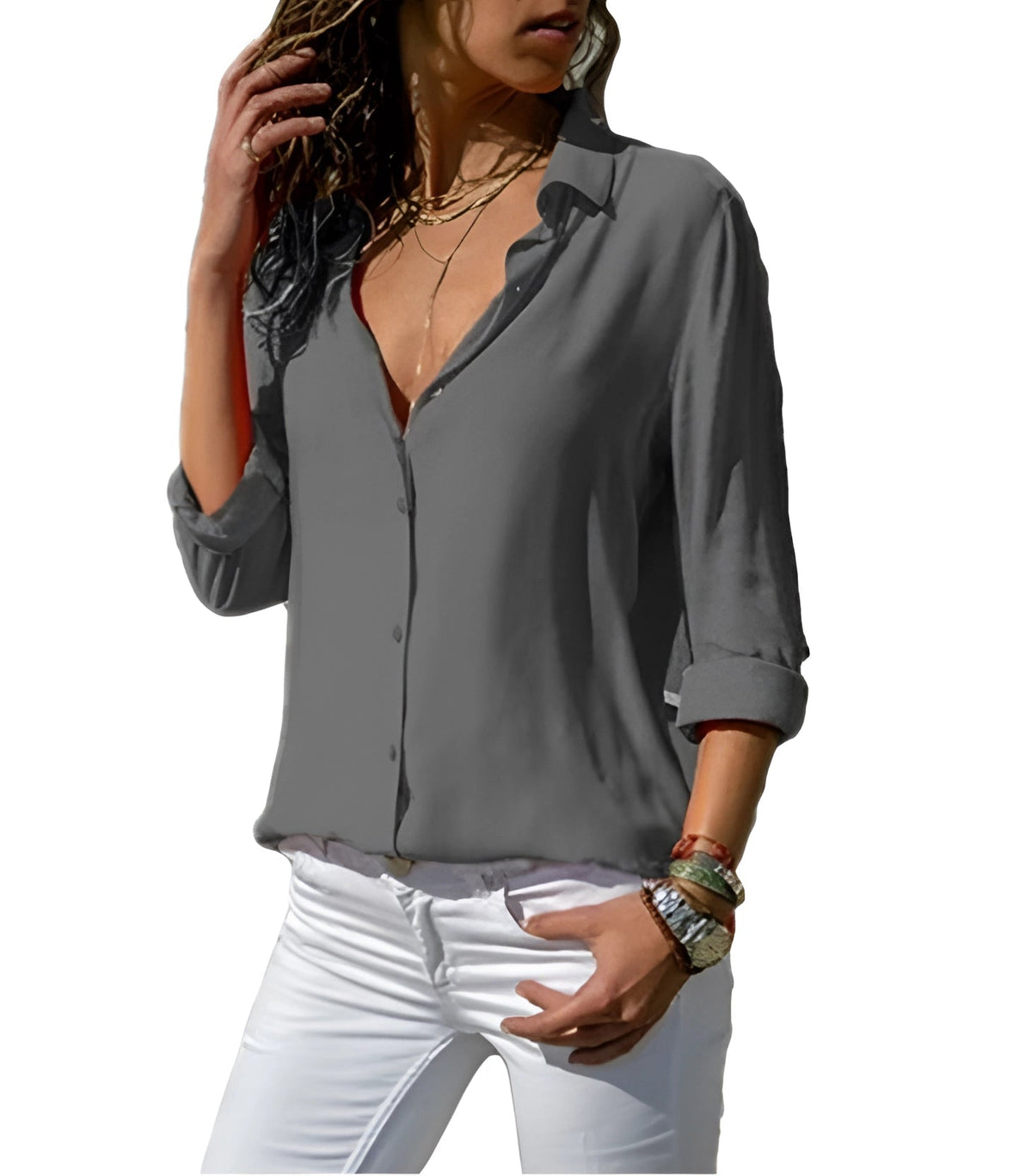 Elegancka bluzka damska z kołnierzykiem i dekoltem V - Szary