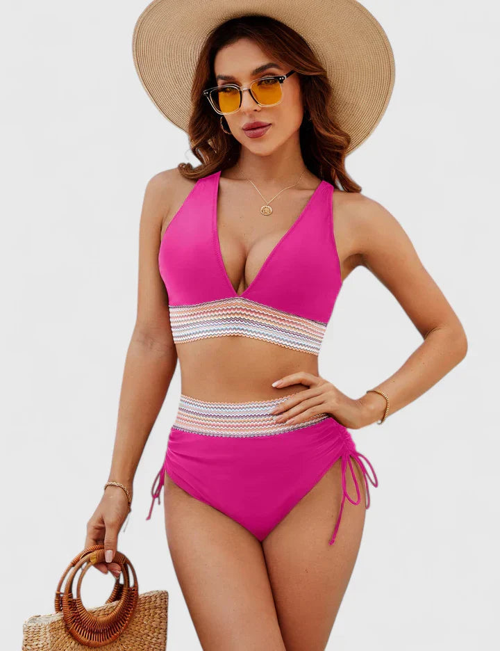 Dwuczęściowe damskie bikini z wysokim stanem i kontrastowymi detalami