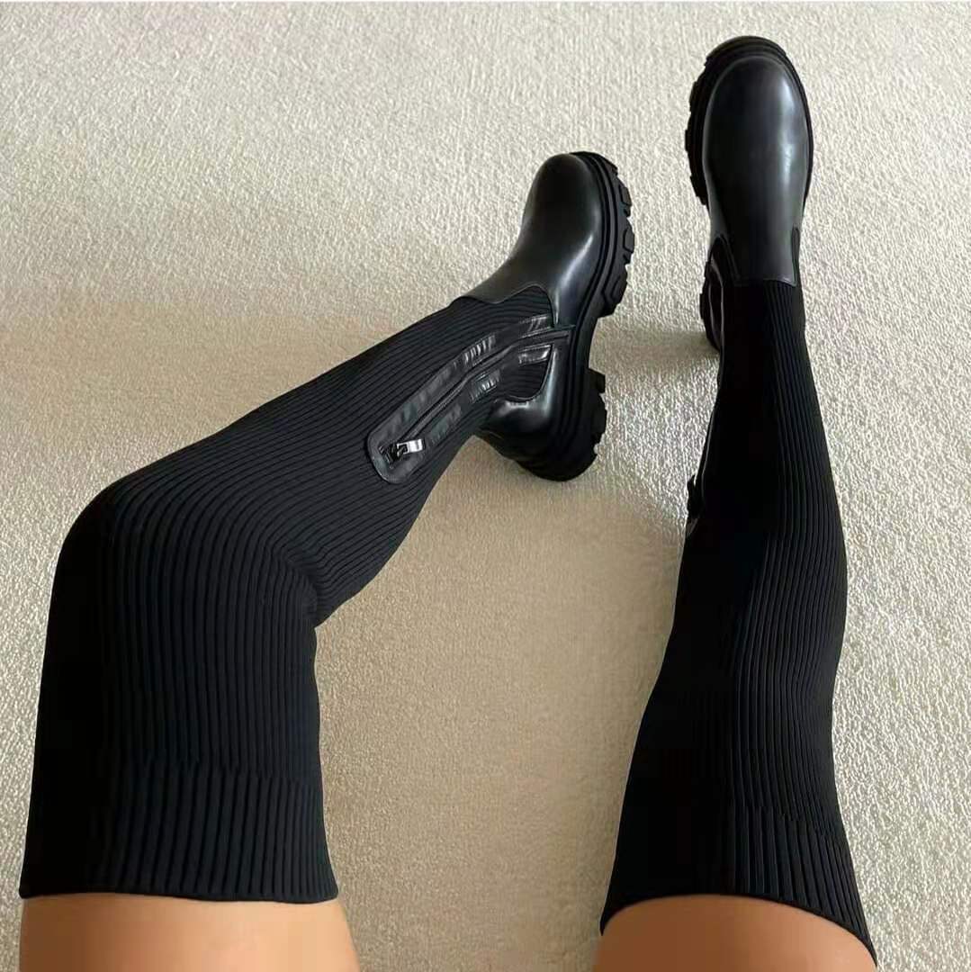 Damskie dzianinowe buty na grubej podeszwie - Czarny