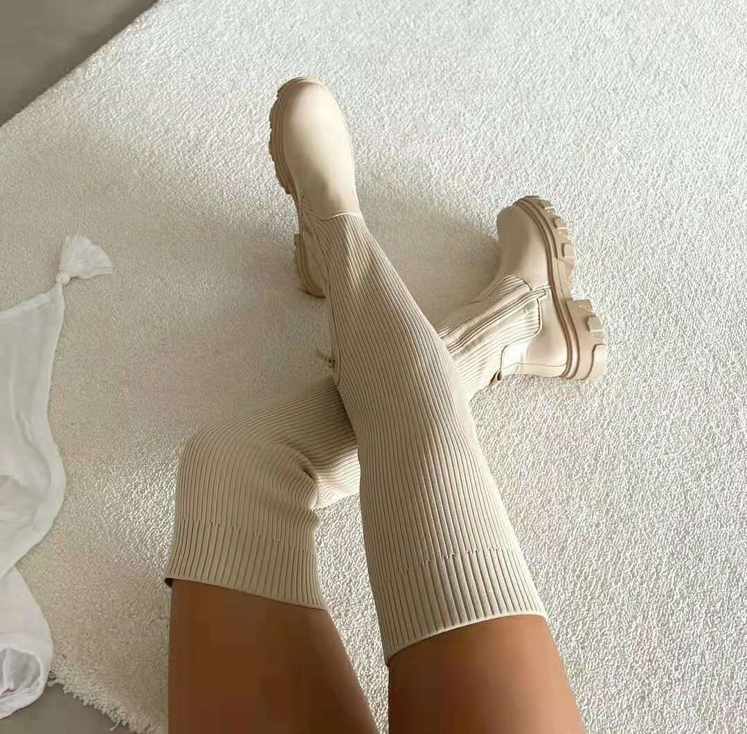 Damskie dzianinowe buty na grubej podeszwie - Beżowy