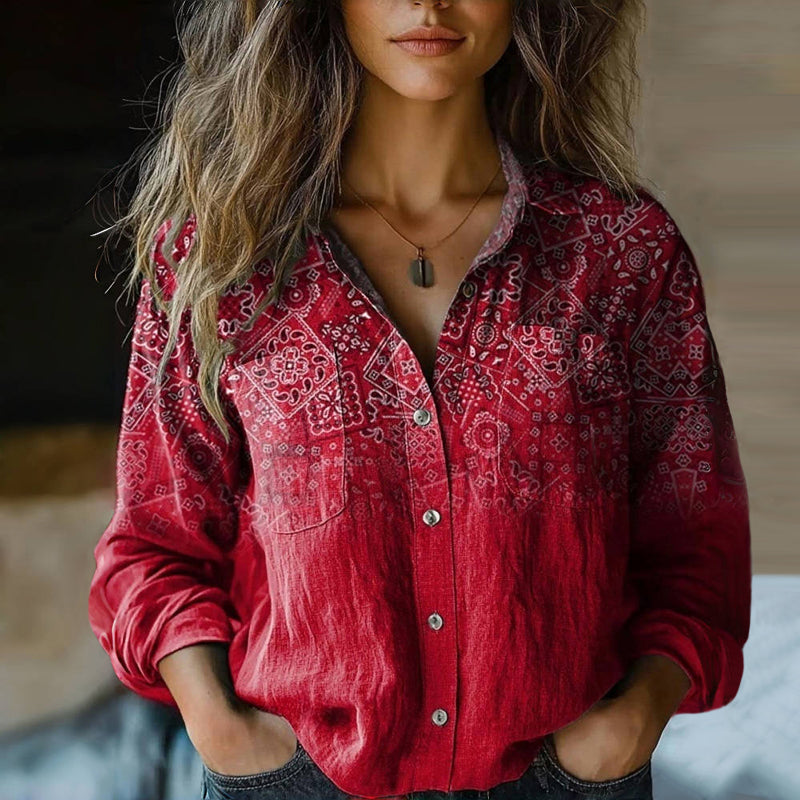 Przewiewna damska bluzka boho vintage z długim rękawem - Czerwony