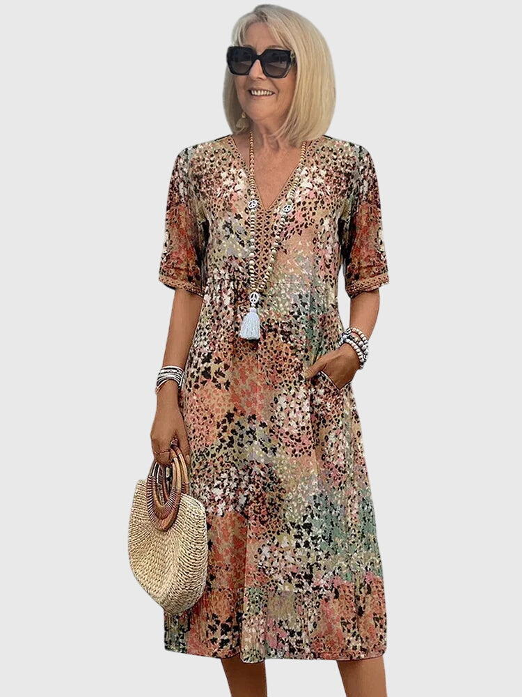 Elegancka damska sukienka midi w kwiaty na wesele i lato - Piaszczysty Beż (Prawie wyprzedany)
