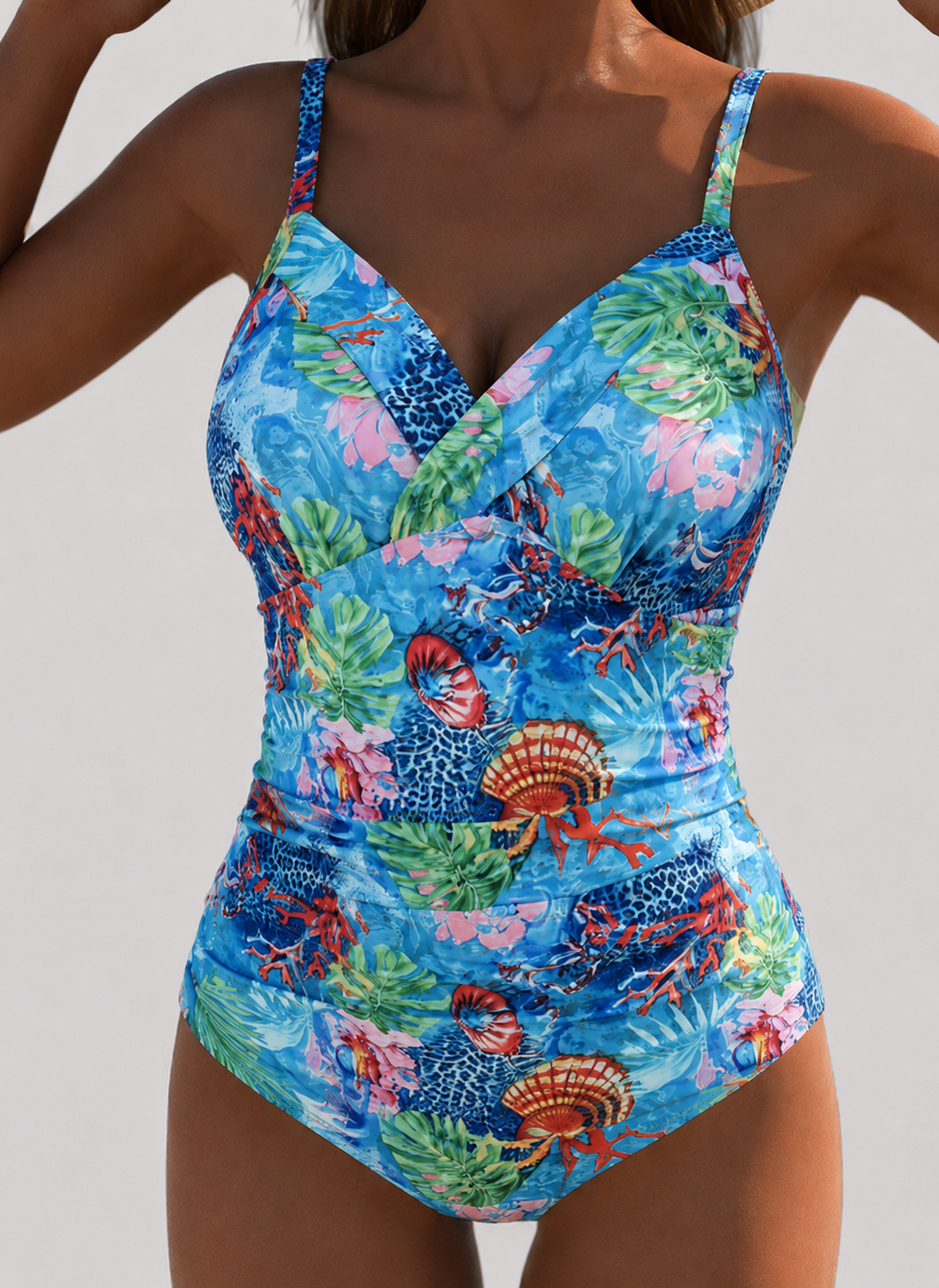 Damski jednoczęściowy kostium kąpielowy z tropikalnym nadrukiem