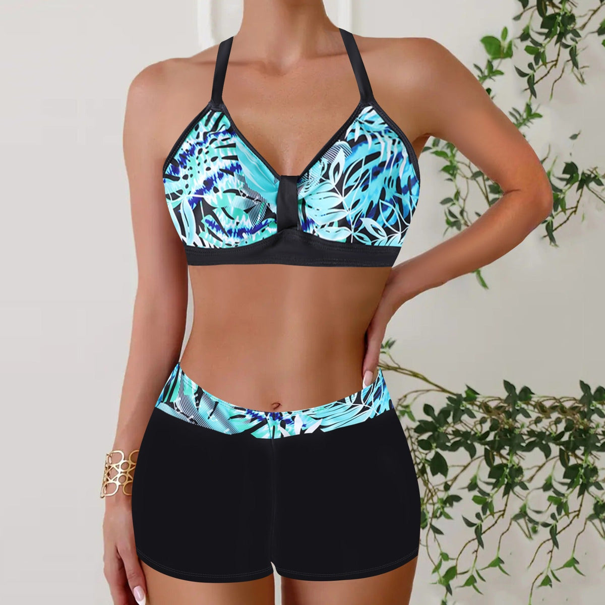 Dwuczęściowe damskie bikini w prążki z wysokim stanem - Czarny/Niebieski