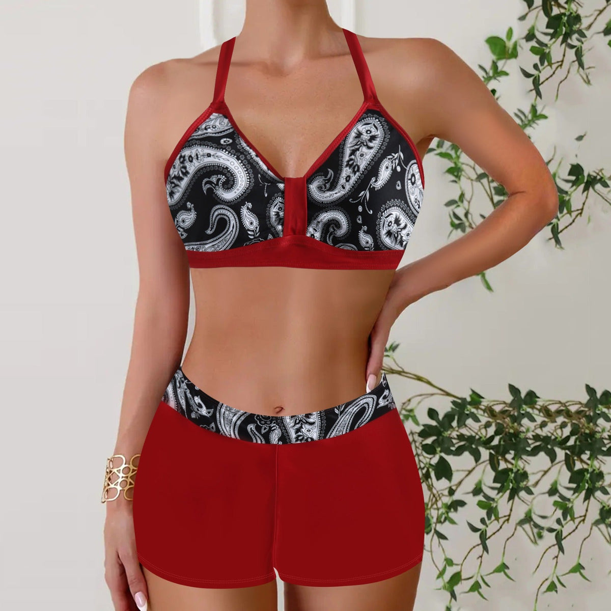 Dwuczęściowe damskie bikini w prążki z wysokim stanem - Czerwony