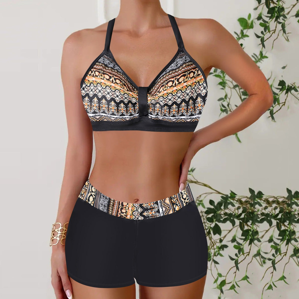 Dwuczęściowe damskie bikini w prążki z wysokim stanem - Czarny/Brązowy